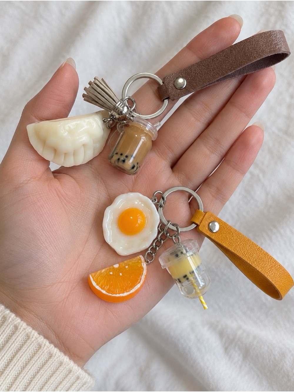 Set of 2 Kawaii Food Bag Charms | Boba Tea Dumpling Egg Orange Keychains